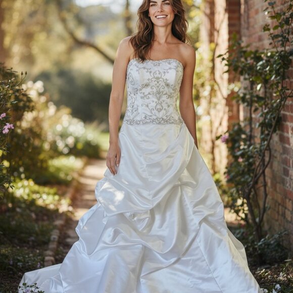 Oleg Cassi  David's Bridal Elegant  Strapless Gown with Embellished Bodice 16 - Picture 1 of 17